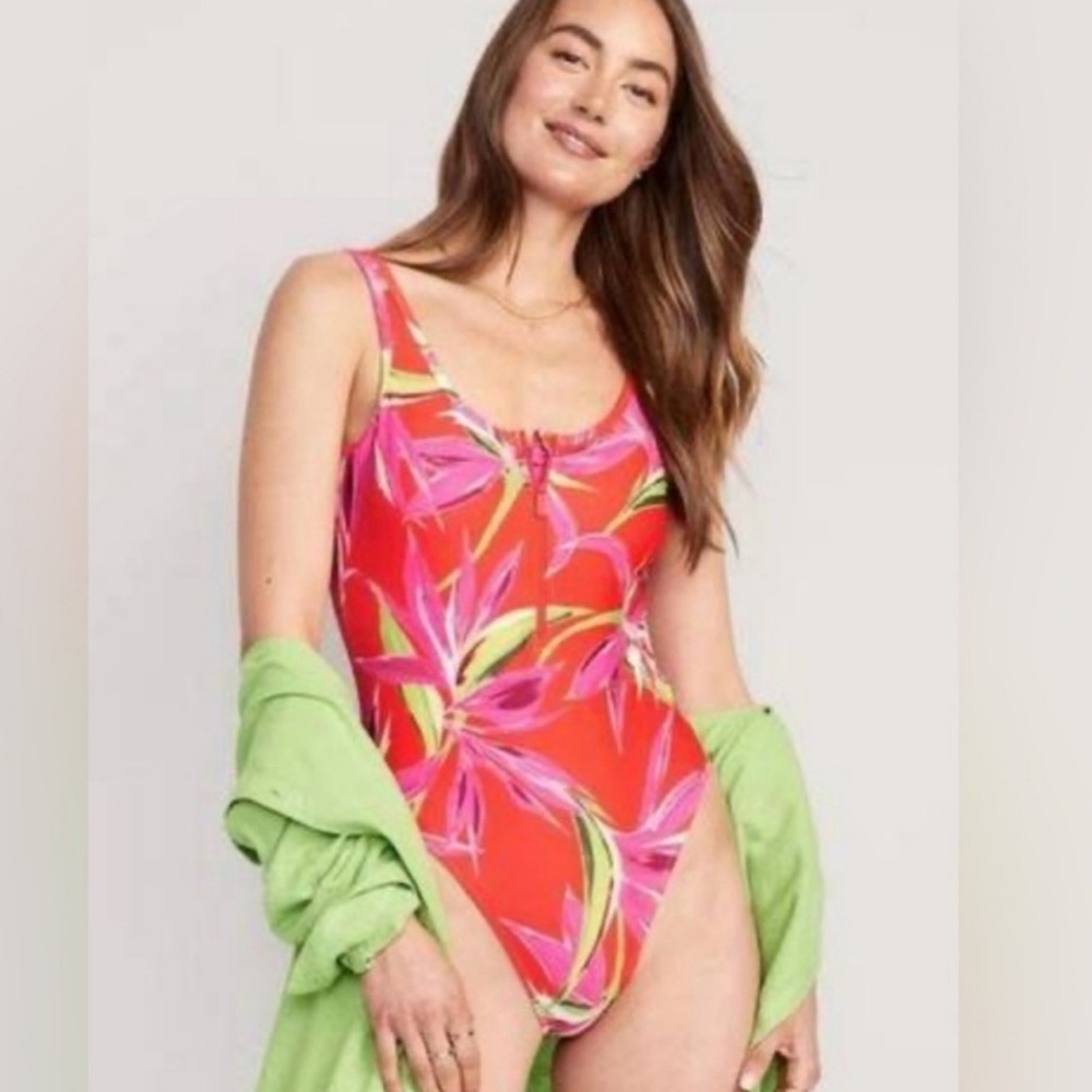 Old Navy Red and Pink One Piece Swimsuit Tropical Print